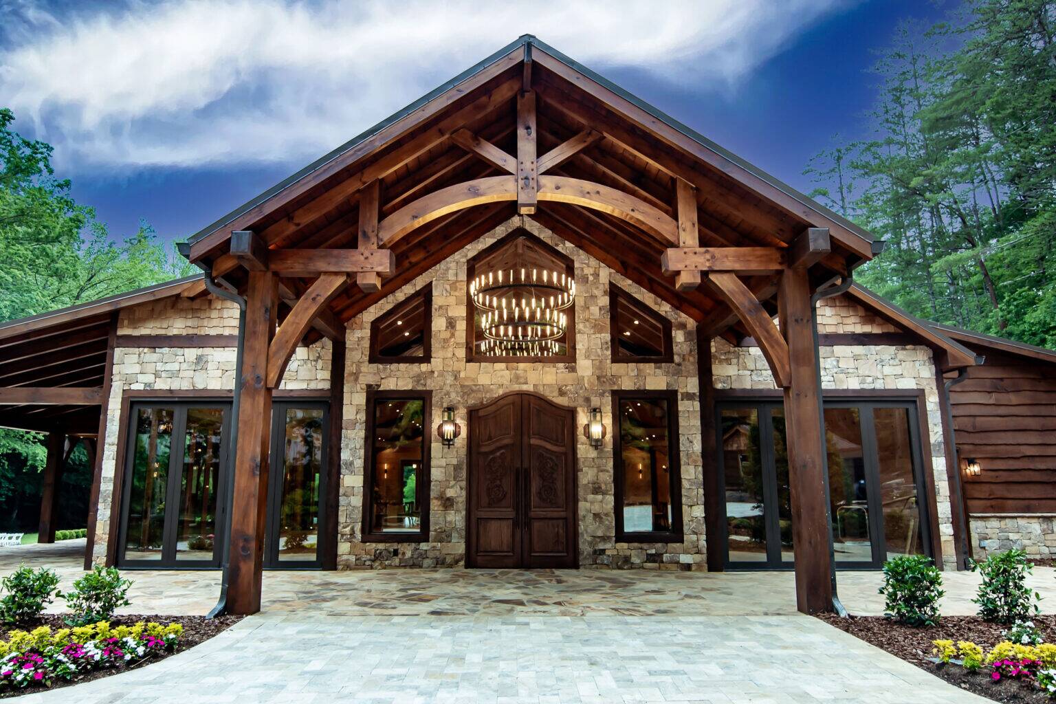 Stone and timber entrance to The Falls at Blue Ridge event venue